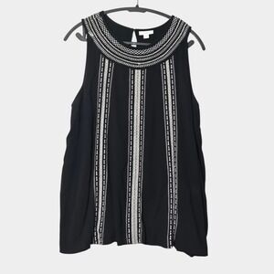 J. Jill Embroidered Sleeveless Blouse Black L Boho Resortwear Monochrome Chic